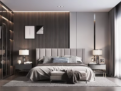 Modern Bedroom With Upholstered Headboard Striped Accent Wall Side Tables Lamps And Decorative Artworks 3d model
