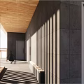 Modern Container Building With Green Roof Wooden Exterior Grassland Trees And Paved Ground