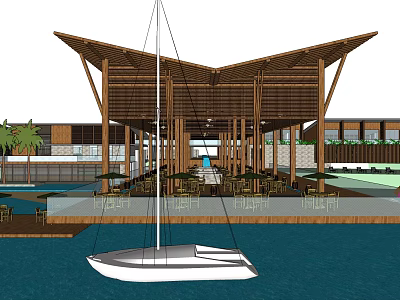 Waterfront Wooden Pavilion With Open Roof Design Sailboat And Outdoor Dining Area By Palm Trees 3d model