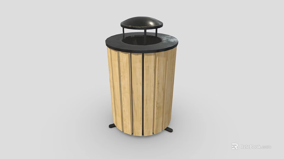 Wooden Roadside Trash Can With Black Lid And Striped Design For Street Facility Use 3d model 