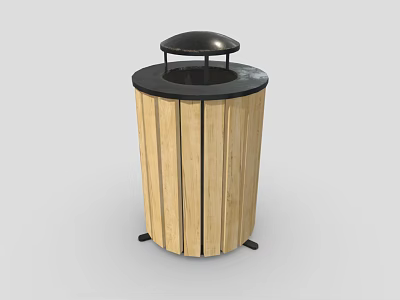 Wooden Roadside Trash Can With Black Lid And Striped Design For Street Facility Use 3d model