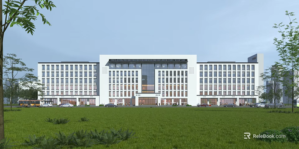 Modern White Office Building With Large Glass Windows And Green Lawn Frontage 3d model 