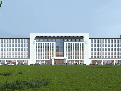 Modern White Office Building With Large Glass Windows And Green Lawn Frontage 3d model