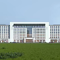 Modern White Office Building With Large Glass Windows And Green Lawn Frontage