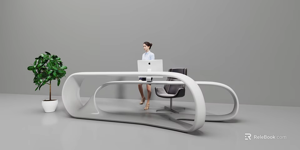 Modern White Curved Reception Desk With Woman Using Laptop And Green Plant 3d model 