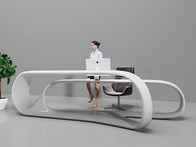 Modern White Curved Reception Desk With Woman Using Laptop And Green Plant 3d model