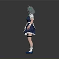 Woman in Blue and White Maid Outfit with Green Hair and Apron