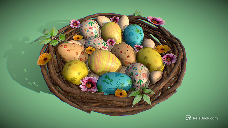Bird Nest With Colorful Decorated Eggs Surrounded By Flowers And Green Leaves 3d model 