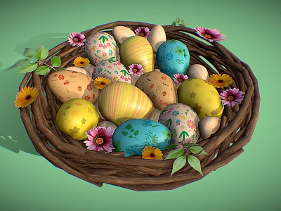 Bird Nest With Colorful Decorated Eggs Surrounded By Flowers And Green Leaves 3d model