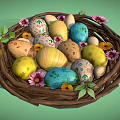 Bird Nest With Colorful Decorated Eggs Surrounded By Flowers And Green Leaves