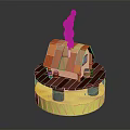 Cartoon Cottage Scene With Chimney Smoke Barrels On Round Platform Yellow Base Blue Accents