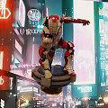 Cyberpunk Man in Red White Mech Suit Standing on Platform in Futuristic Neon City