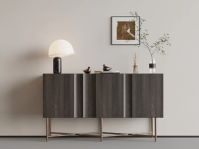 Dark Wooden Console Side Cabinet with Wavy Doors Brass Legs Lamp Plant and Wall Art 3d model