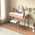 Pink Dressing Table With Round Mirror Stool Cosmetics And Potted Plant On Wooden Floor