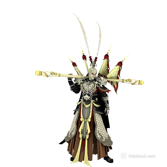 Fantasy Game Character in Ornate Armor With Feathered Headdress And Golden Staff 3d model 