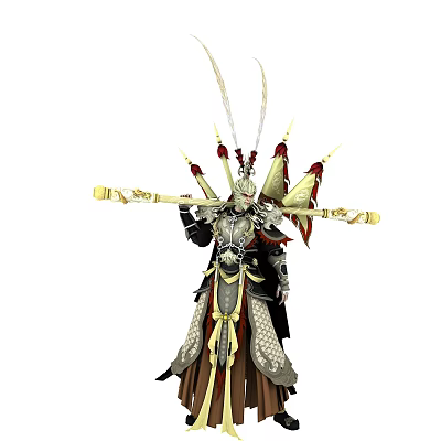 Fantasy Game Character in Ornate Armor With Feathered Headdress And Golden Staff 3d model