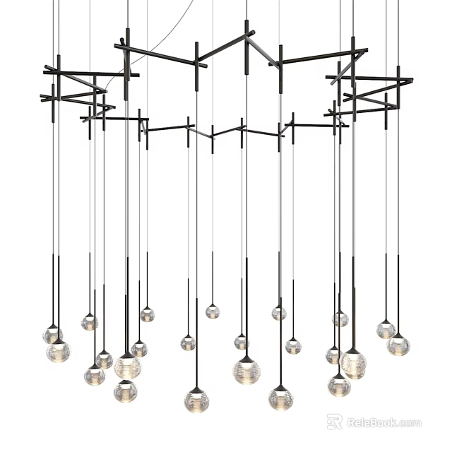 Modern Geometric Chandelier With Black Metal Frame And Hanging Spherical Glass Bulbs 3d model 