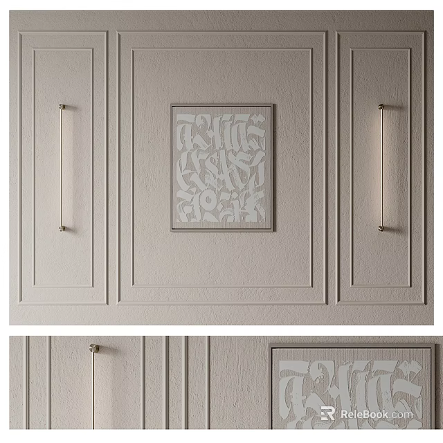Elegant Light Beige Paneled Background Wall With Central Decorative Carving And Wall Sconces 3d model 
