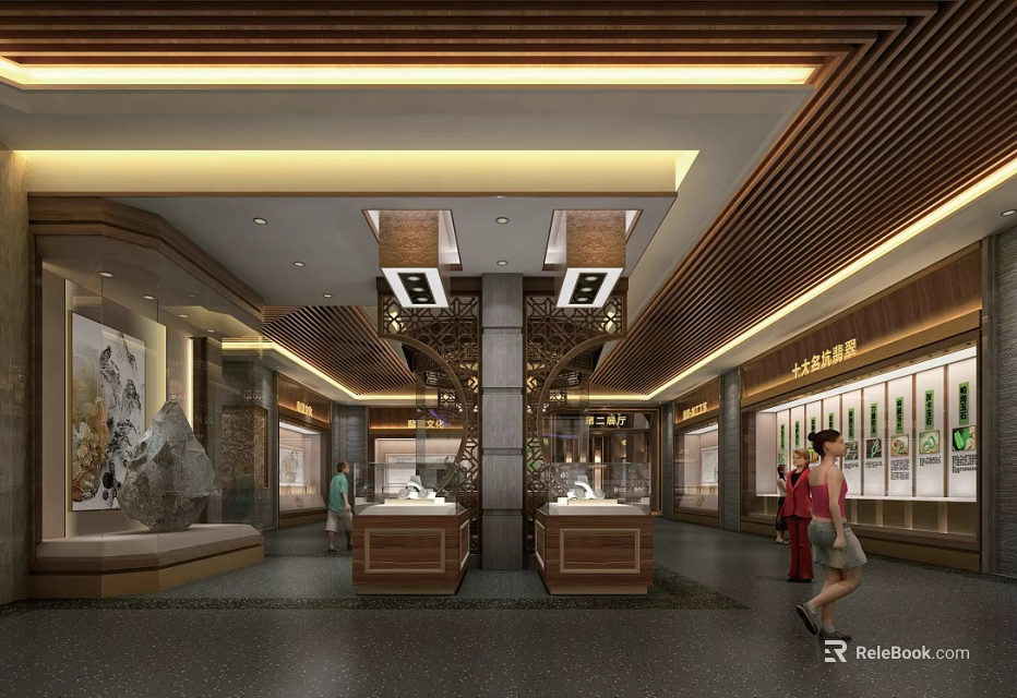 Cultural Center Interior Design With Wooden Decor Display Counters And Art Exhibits 3d model 