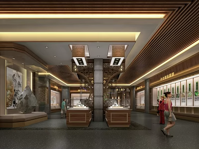 Cultural Center Interior Design With Wooden Decor Display Counters And Art Exhibits 3d model