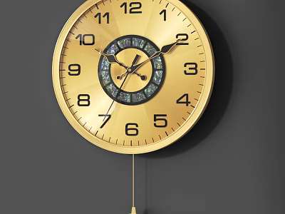 Golden Round Face Wall Mounted Analog Clock With Numbers And Pendulum 3d model