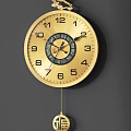 Golden Round Face Wall Mounted Analog Clock With Numbers And Pendulum 3d model
