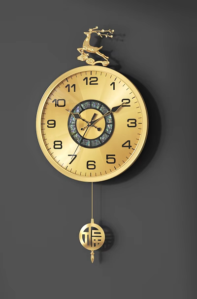 Golden Round Face Wall Mounted Analog Clock With Numbers And Pendulum 3d model
