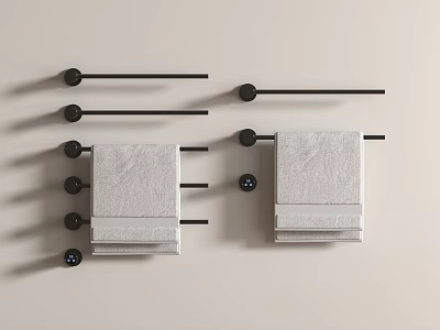 Modern Bathroom Accessories With Black Towel Bars And Folded Gray Towels 3d model