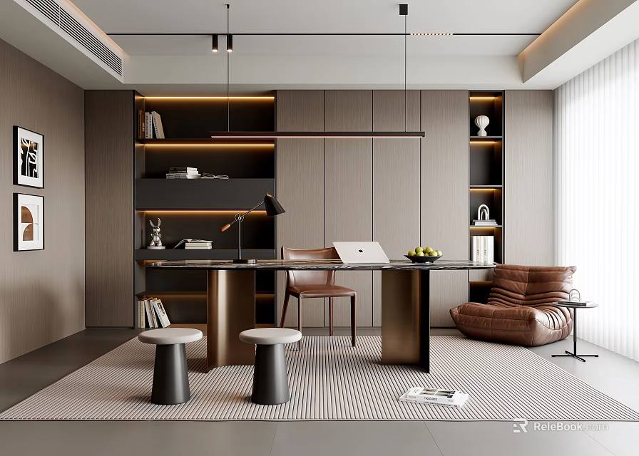 Modern Study Room Interior Design With Wooden Desk Leather Chair Bookshelves And Pendant Lighting 3d model 