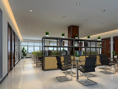 Modern Public Office Space Interior With Open Layout Desks Chairs Bookshelves And Green Plants 3d model