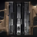 Three Modern Tactical Pistols With Different Grip Designs And Frame Colors