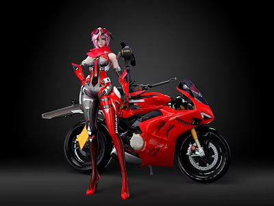 Red Sporty Motorcycle with Female Figure in Red Outfit and Pink Helmet on Black Background 3d model