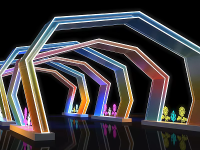 Colorful Illuminated Event Entrance With Geometric Arch Structure And Reflective Floor 3d model