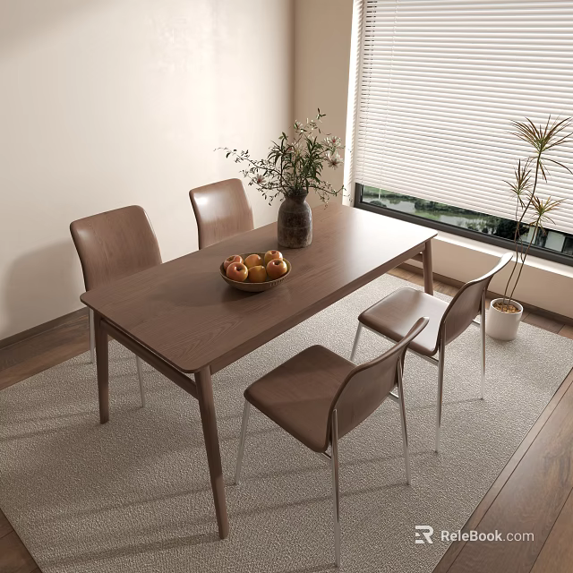 Modern Wooden Dining Table Set With Chairs Fruit Bowl Vase And Plants 3d model 