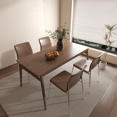 Modern Wooden Dining Table Set With Chairs Fruit Bowl Vase And Plants 3d model