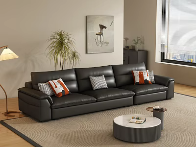 Black Multi Seater Sofa With Throw Pillows Floor Lamp Wall Art And Round Coffee Table 3d model