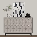 Entryway Console Cabinet With Circular Pattern Design And Potted Plant Clock Art Print Camera Book