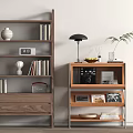 Wooden Bookshelves With Books Vase Clock Camera Photos Table Lamp And Plant