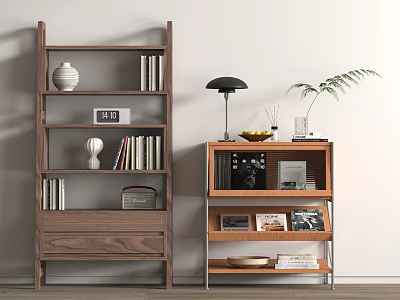 Wooden Bookshelves With Books Vase Clock Camera Photos Table Lamp And Plant 3d model