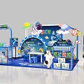 Colorful Children's Toy Booth With Cartoon Characters Blue Shelves And Balloons