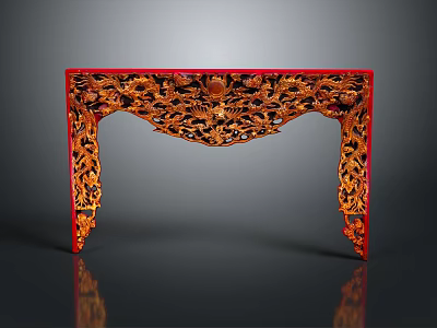 Elegant Carved Flower Patterns On Red Frame Golden Table With Gray Background Reflection 3d model
