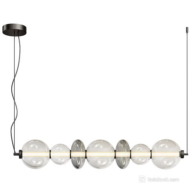 Modern Linear Chandelier with Transparent Globe Shades and Black Metal Frame 3d model 