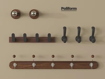 Wooden Wall Mounted Coat Hooks With Metal Hooks And Various Designs For Home 3d model