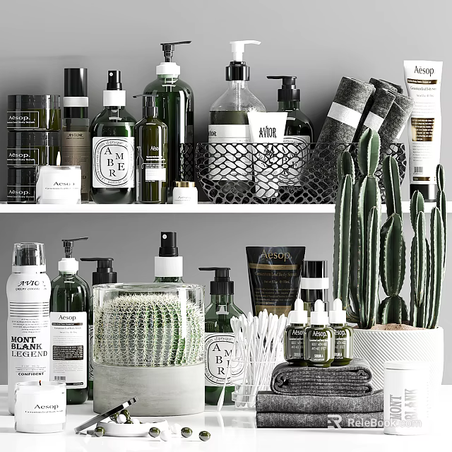 Organized Stylish Bathroom Accessories With Bath Products Bottles Rolled Towels And Cactus Plants 3d model 