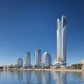 Modern Waterfront Office Building With Tall High Rise Design And Blue Sky Scenic Surroundings