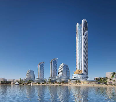 Modern Waterfront Office Building With Tall High Rise Design And Blue Sky Scenic Surroundings 3d model