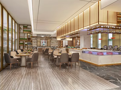 Modern Restaurant Interior With Wooden Walls Dining Tables Chairs Bar Counter And Large Windows 3d model