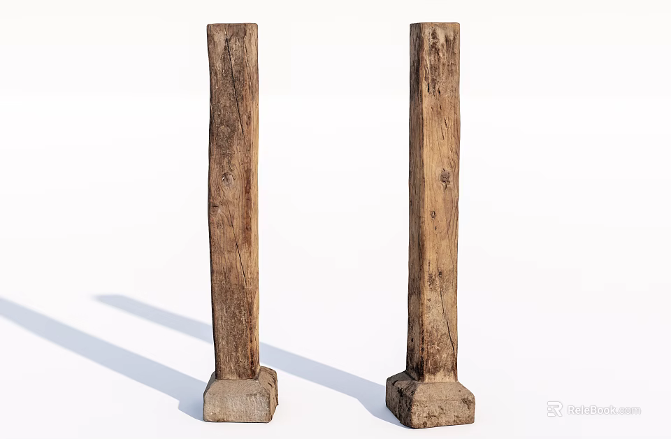 Antique Rustic Wooden Pillars With Textured Surfaces And Stone Bases 3d model 