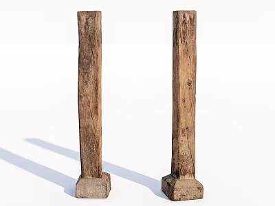 Antique Rustic Wooden Pillars With Textured Surfaces And Stone Bases 3d model