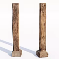 Antique Rustic Wooden Pillars With Textured Surfaces And Stone Bases